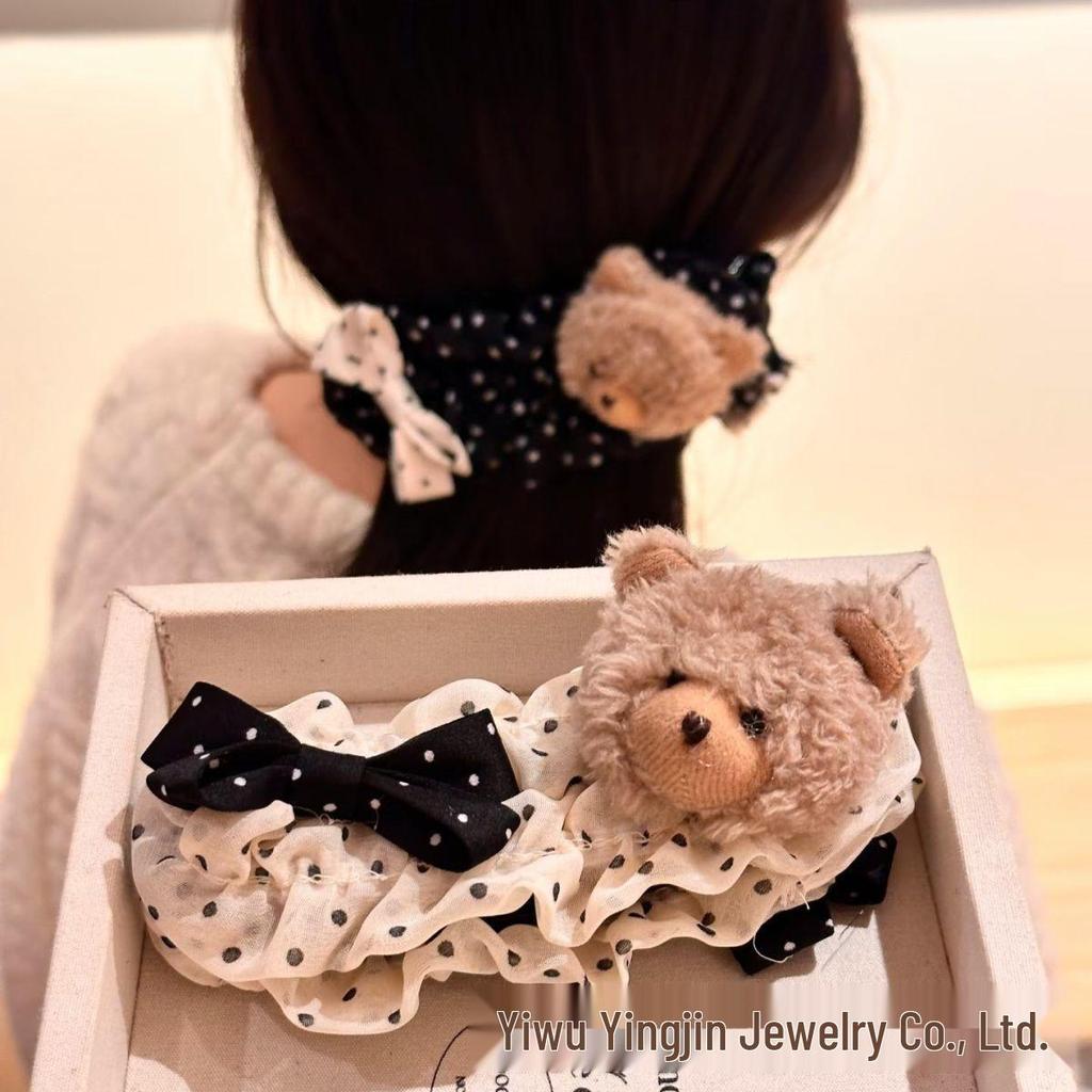 Polka Dot Banana Clip Teddy Bear with High Ponytail - Cute Autumn/Winter Academy Style