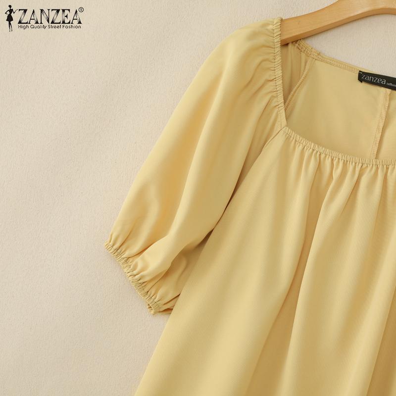 ZANZEA Women Square Collar Loose Casual Summer Short Sleeve Dress