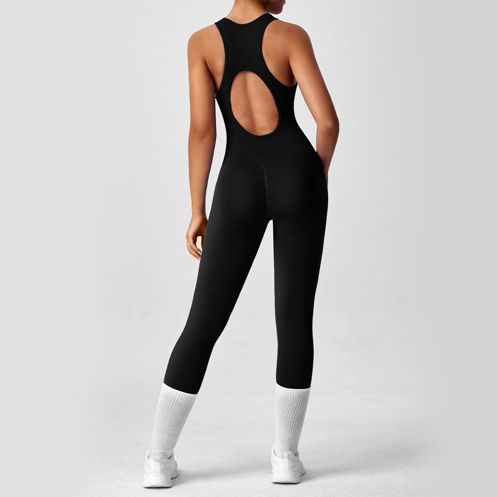 Tuta da Yoga da Donna alla Moda Monocolore Girocollo Schiena Stretta Tuta da Yoga
