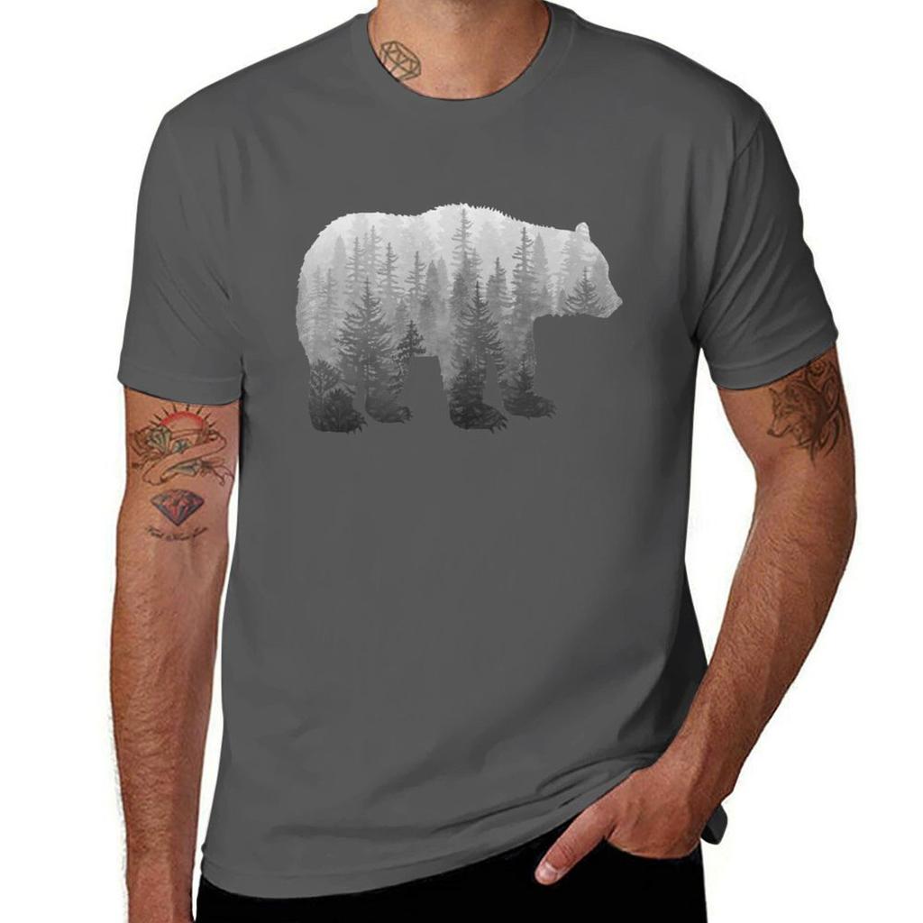 Misty Forest Bear Black And White Tshirt Basic Regular Fit Casual Tshirt