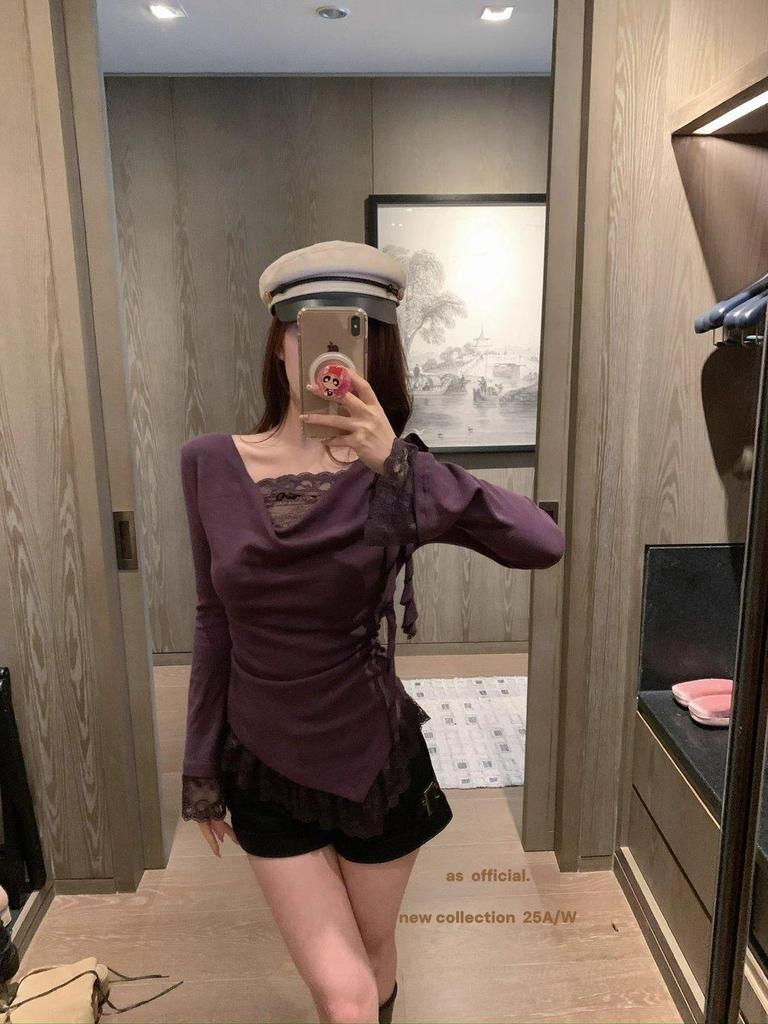 Velvet Lace Swing Collar Slim Fit Women's Long Sleeve Irregular Top