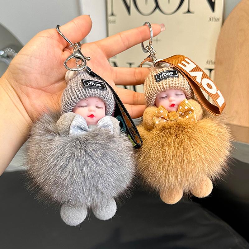 Sleeping Baby Cute Fluffy Plush Doll Keychains Women Girl Bags Pendant Backpack Decoration Gift