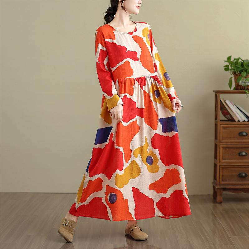 DIMANAF Nuovo 2025 Donna Taglie Forti Primavera Abito Lungo Morbido Base Vintage Oversize Manica Lunga Maxi Floreale