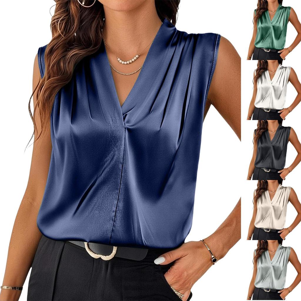 Women's Fashionable Casual Satin V-neck Pleated Sleeveless Top