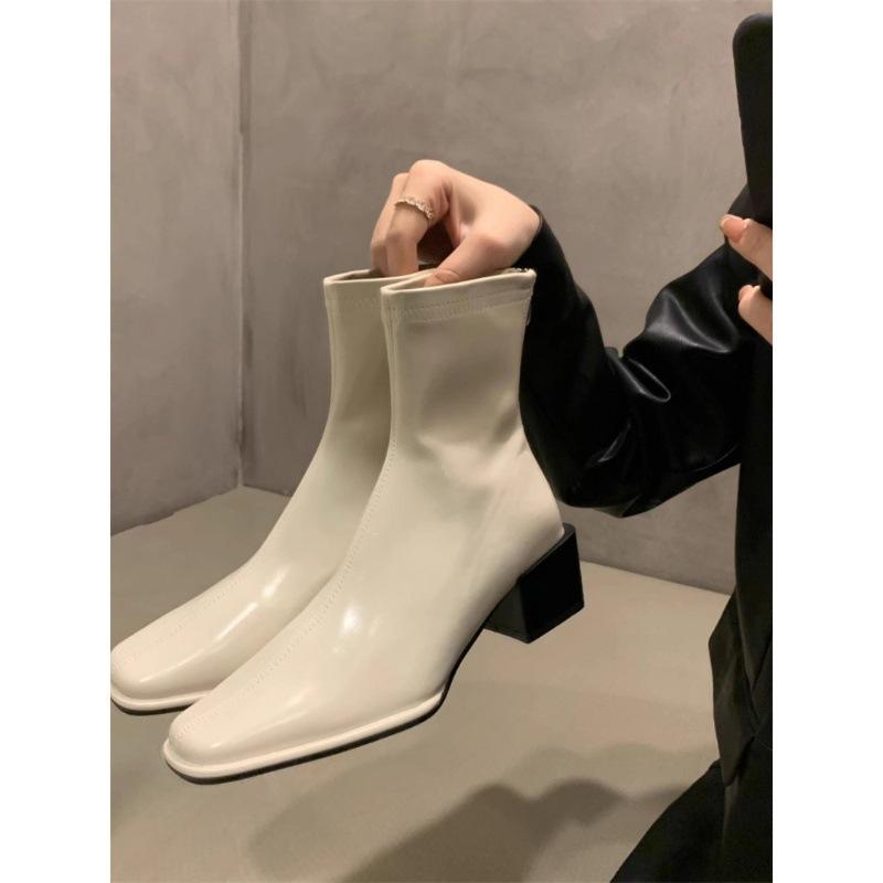 Skinny Thick Heel Thin Boots Women's Autumn and Winter 2024 New Velvet Square Head Retro Temperament Rear Zipper Short Boots