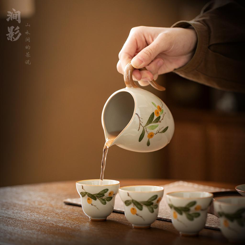 Ceramic cover bowl tea set New Chinese pure hand-painted persimmon Kung Fu tea set Tea bowl Fair cup Teacup household