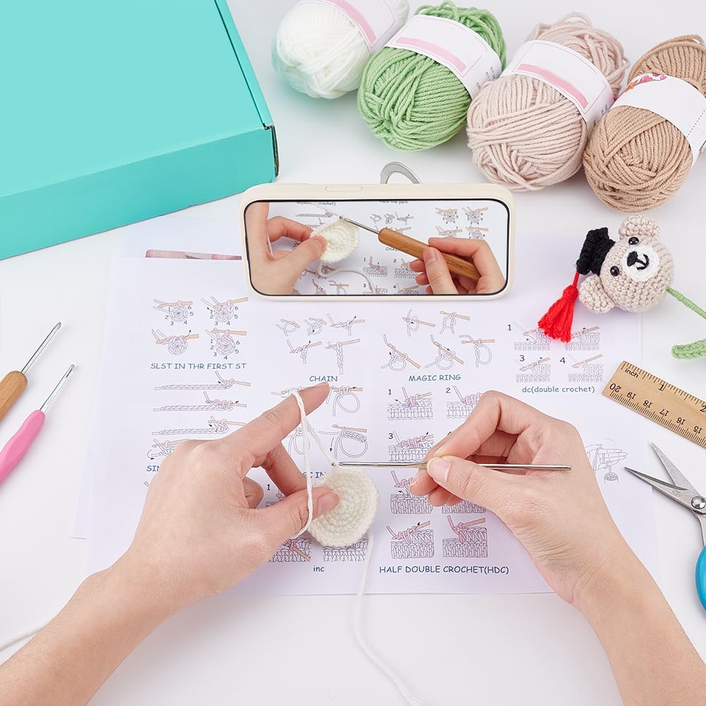 WEBEEDY 4 Sets Crochet Starter Kits for Beginner,Cute Crochet Kit Graduation Gift with Instruction-Bear with Doctoral Hat,DIY Animal Keychain