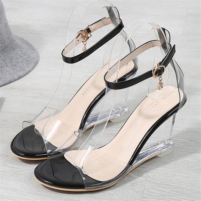 Damen 8cm High Heels Wedges Plateau Fetisch Sandalen Lady Clear Plexiglas Heels Chunky Sandalen Transparente Nachtclub Schuhe