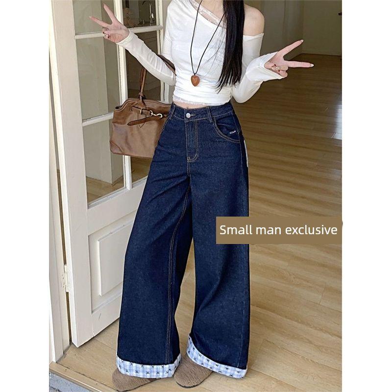 Real Shot American Letters Embroider Bows Gingham Color Contrast Patchwork Denim Summer Loose Wide Leg Mop Pants