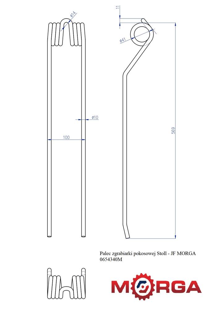 Stoll Swath Rake Tedder Tine - JF 0654340 FI-10mm -580mm Powder Coated MORG