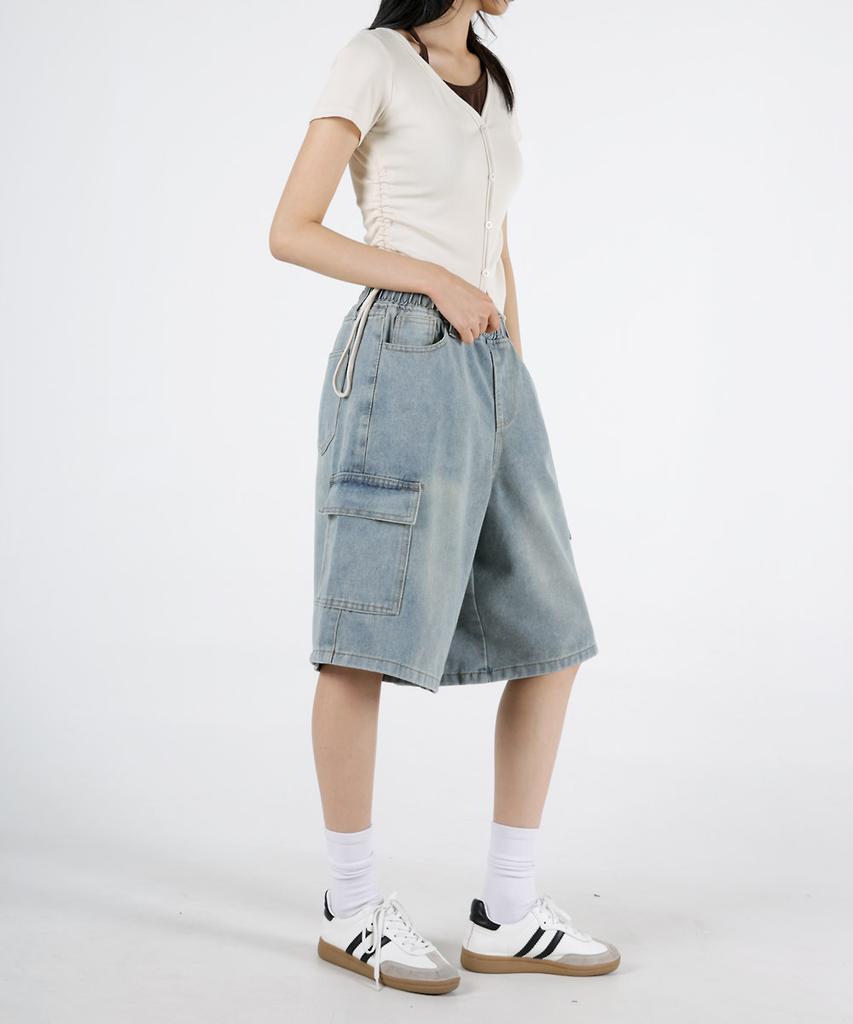 UMM Women'S Elastic Waist Bermuda Cargo Cool Denim Shorts 2 Colors