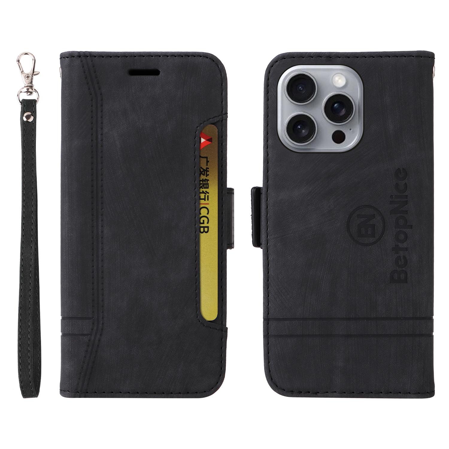 

BETOPNICE 001 for iPhone 16 Pro Max Case Wallet Leather Phone Cover with Strap Black