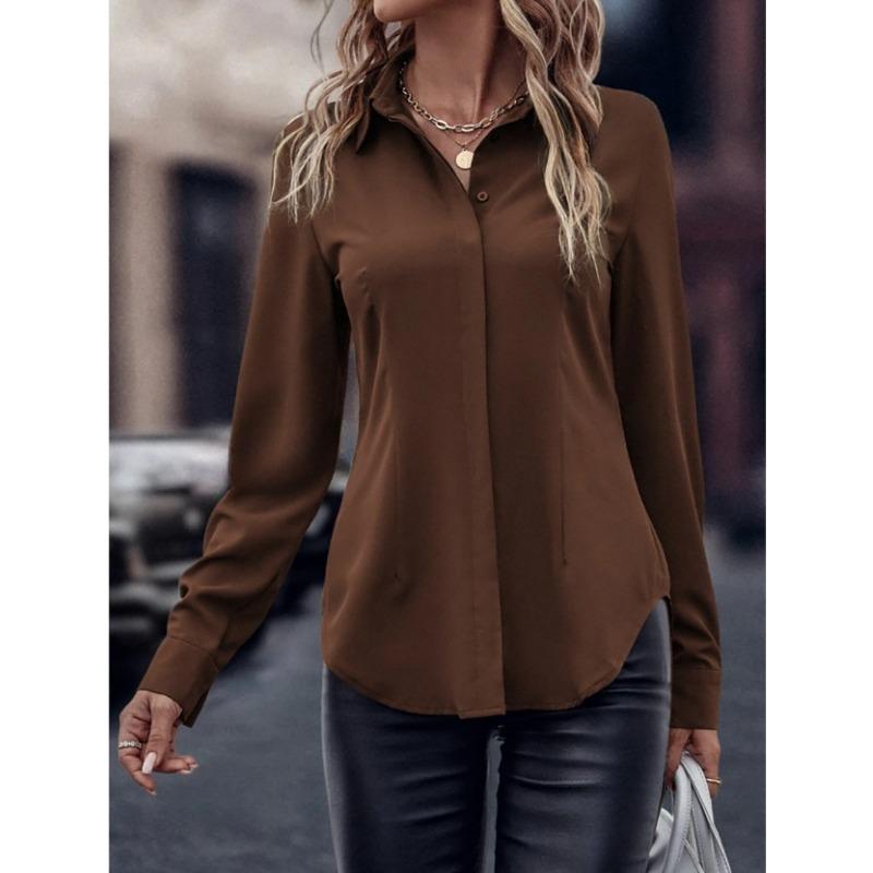 Women's Commuting Style Slim Fit Cardiga Button Double Door Tube Satin Lapel Long Sleeved Blouses & Shirts