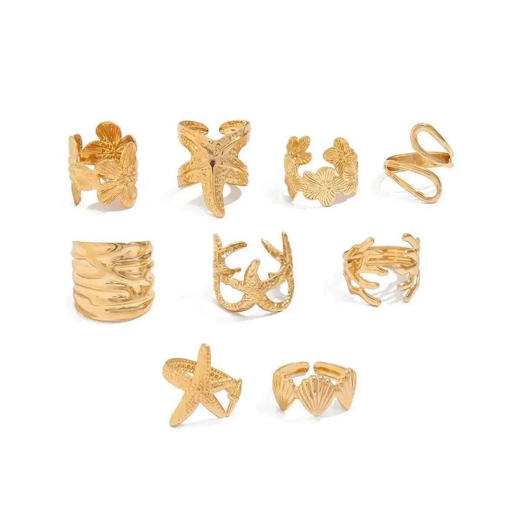 Salircon 9Pcs/Set Bohemia Starfish Scallop Opening Ring Women Punk Gold Color Adjustable Finger Ring Vacation Beach Jewelry Gift