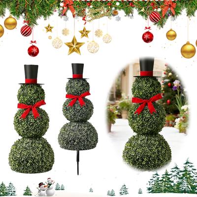 Weihnachts-Schneemann-förmiger Buchsbaum-Topiary-Baum-Topf mit roter Schleife Weihnachtsmannmütze Buchsbaum Außen-Topiary Kunstpflanze für Veranda Garten