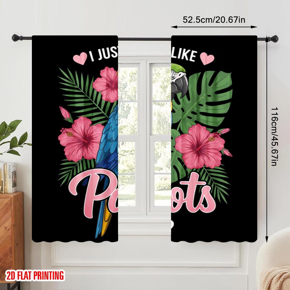 2pcs 2D Flat Printing Window Curtains Parrot Hibiscus Tropical Flower Polyester Without Electricity Festive Holiday Perfect for