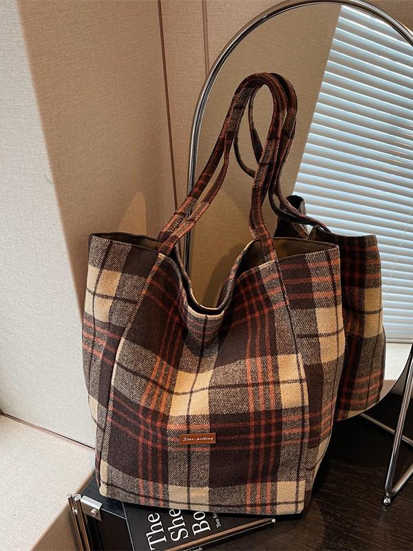 Korean Style Plaid Woolen Tote Bag - Large Capacity & Versatile for Winter 2025