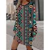 3D Retro Geometric Pattern Printed Dress, Autumn Long Sleeved Round Neck Casual Mini Dress
