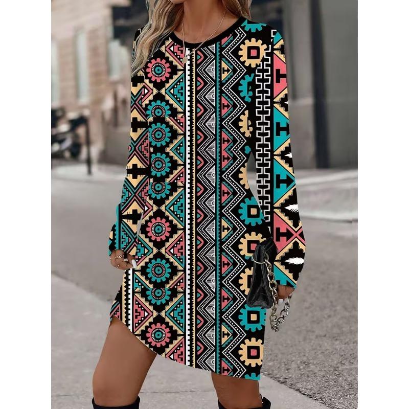 3D Retro Geometric Pattern Printed Dress, Autumn Long Sleeved Round Neck Casual Mini Dress