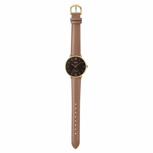 Casio MTP-VT01GL-5B Men's Minimalist Gold-Tone Brown Leather Band Burgundy Dial Three-Hand Analog Watch, Blue, One Size, Analog Watch, Quartz Movement