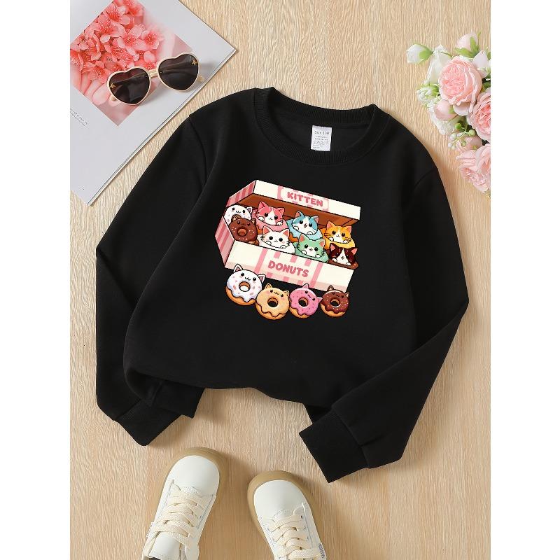 Kids Sweatshirt,Crew Neck Fashion Top, Fun "Cute Kitten Donuts Box" Patterned Sweatshirt, for Everyday Casual Wear, for All Kinds of Daily Outfits