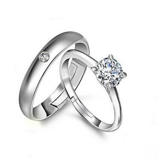 European & American Silver-Plated Zircon Wedding Rings - Korean Style Open Couple Rings for Women