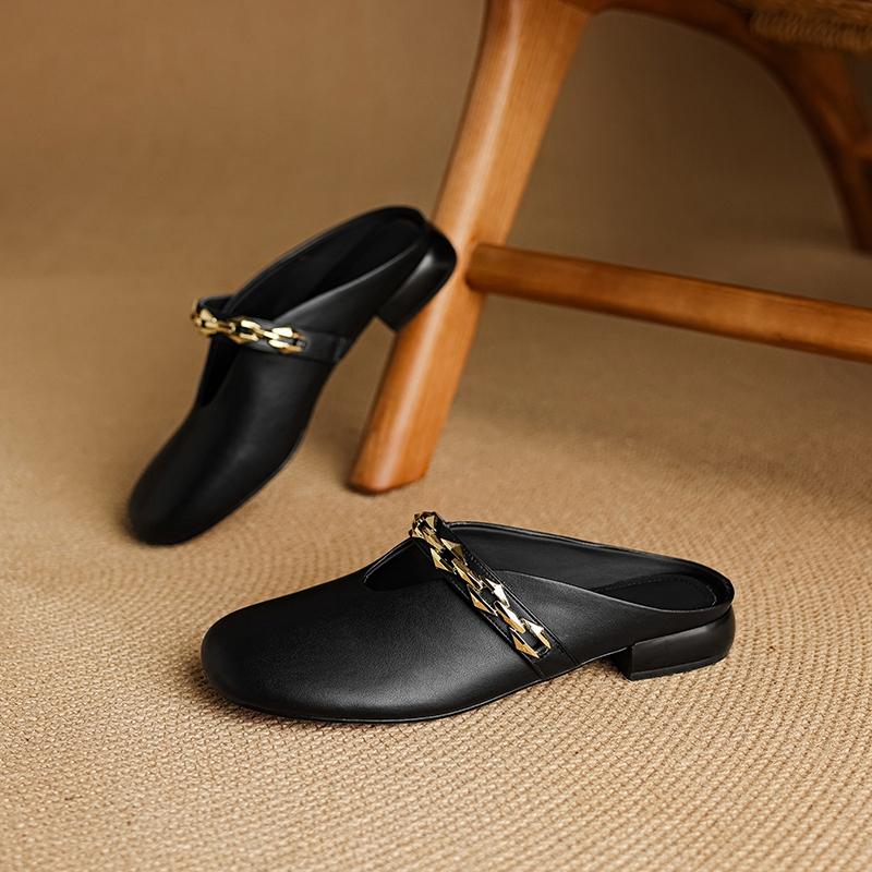 Fashion Women's New Summer Genuine Leather Cowhide Metal Belt Buckle, Low Heel and Toe Wrapped M Ü Ller Slippers