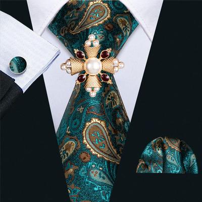 Barry.Wang Pearl Brooch with Tie for Men Paisley Floral Silk Necktie Hanky Cufflinks Set