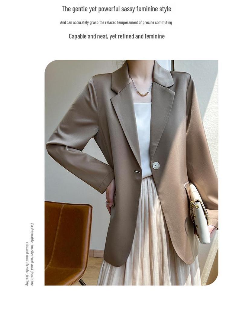 White Silk Satin Women's Suit Jacket - High-End Korean Style for Spring/Autumn 2025