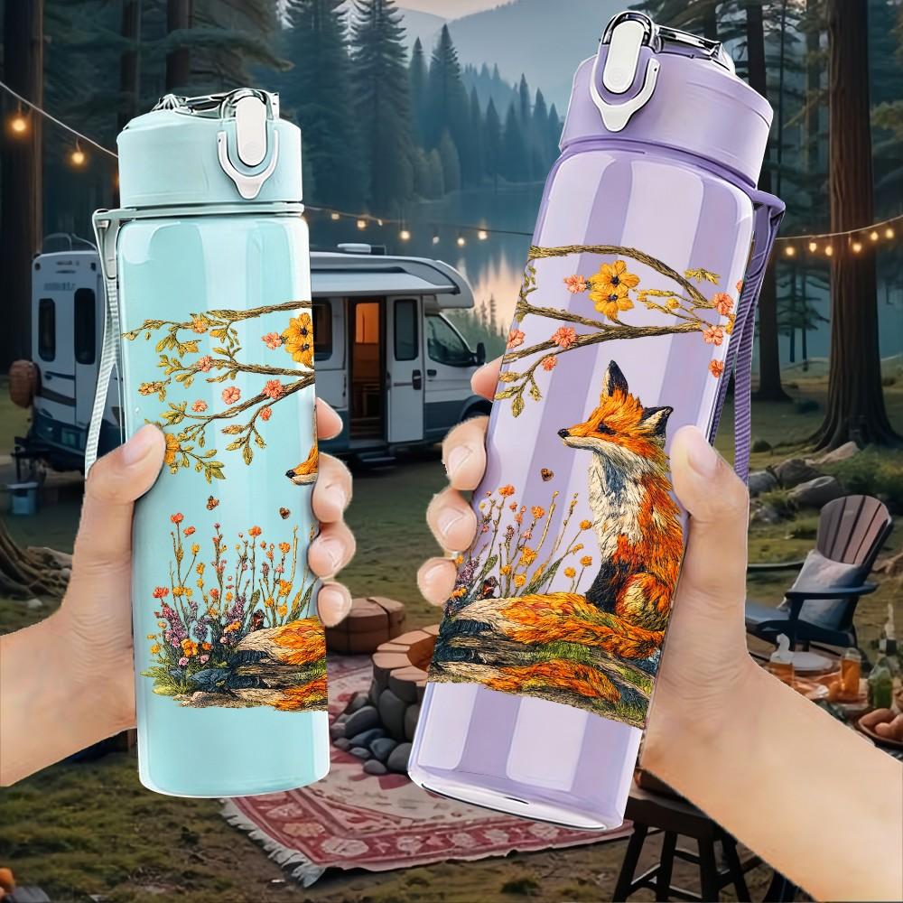 1PC Fox Sitting Under Autumn Tree Print 750ml Color Plastic Sports Water Bottle Leakproof Flip Straw Lid Suitable for Sports Office Home Use