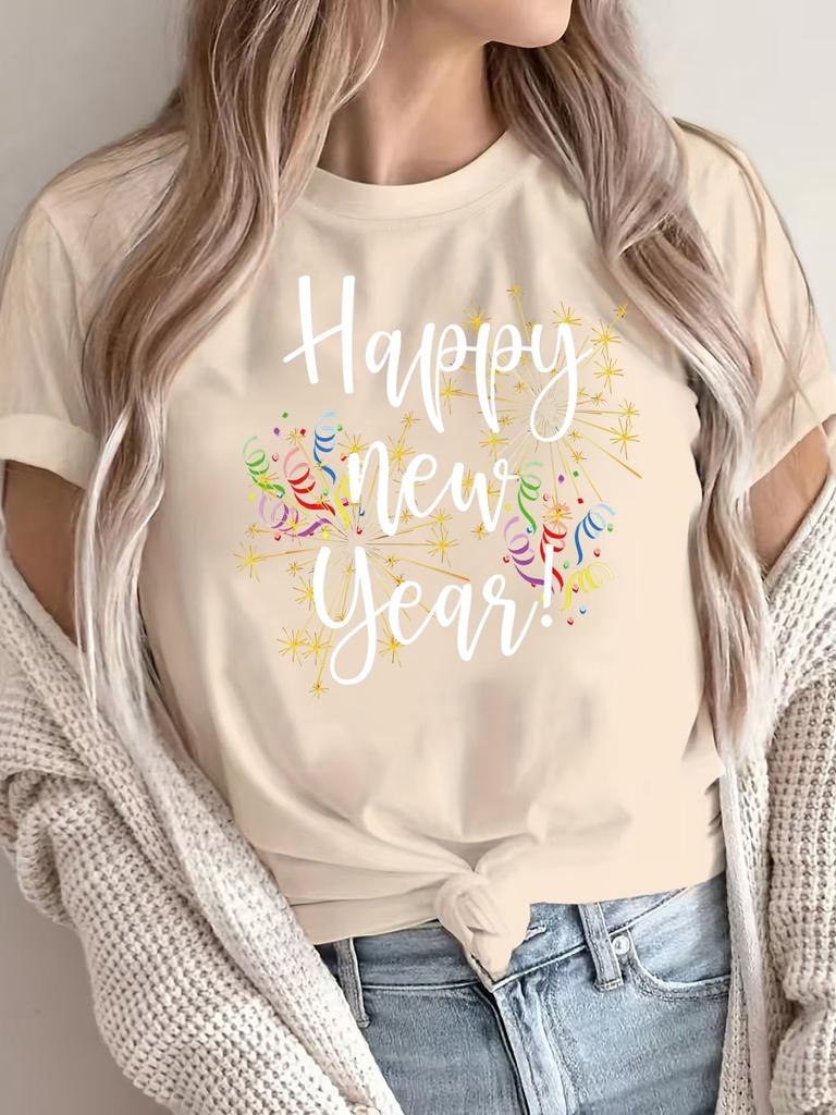 WomenS Festive Happy New Year Letter Print TShirt Sleeve Crew Neck Casual Regular Tee for Spring Summer Aesthetic Clothes