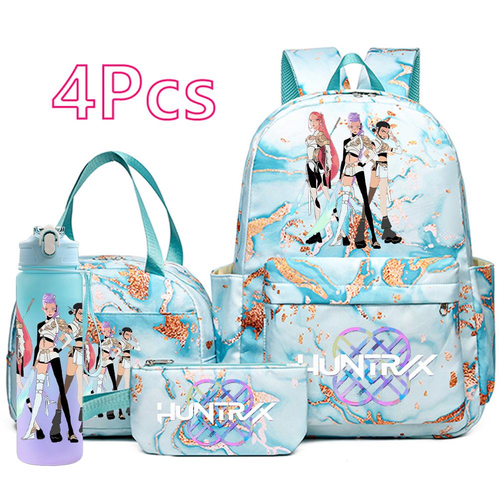 4Pcs/set Cartoon K-Pop Printed Large Capacity Backpack Handbag Pencil Case with 750Ml Water Bottler for Teenager Boy Girl Schoolbag Bookbag Kid Gift
