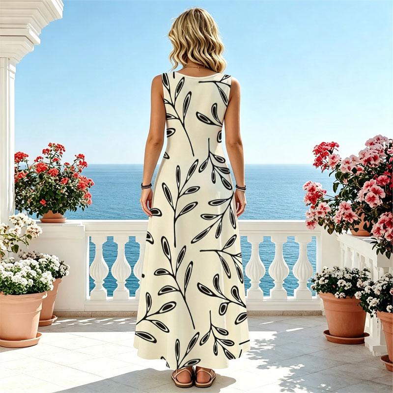 Floor-Length Sleeveless Maxi Dress for Women Minimalist Leaf & Branch Pattern,Lightweight Flowy Skirt,Elegant for Beach Vacation & Daily Wear