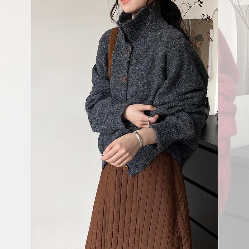 Vintage Röd Halvhög Hals Tröja Kofta för Kvinnor - Mjuk Stickad Höst/Vår Topp