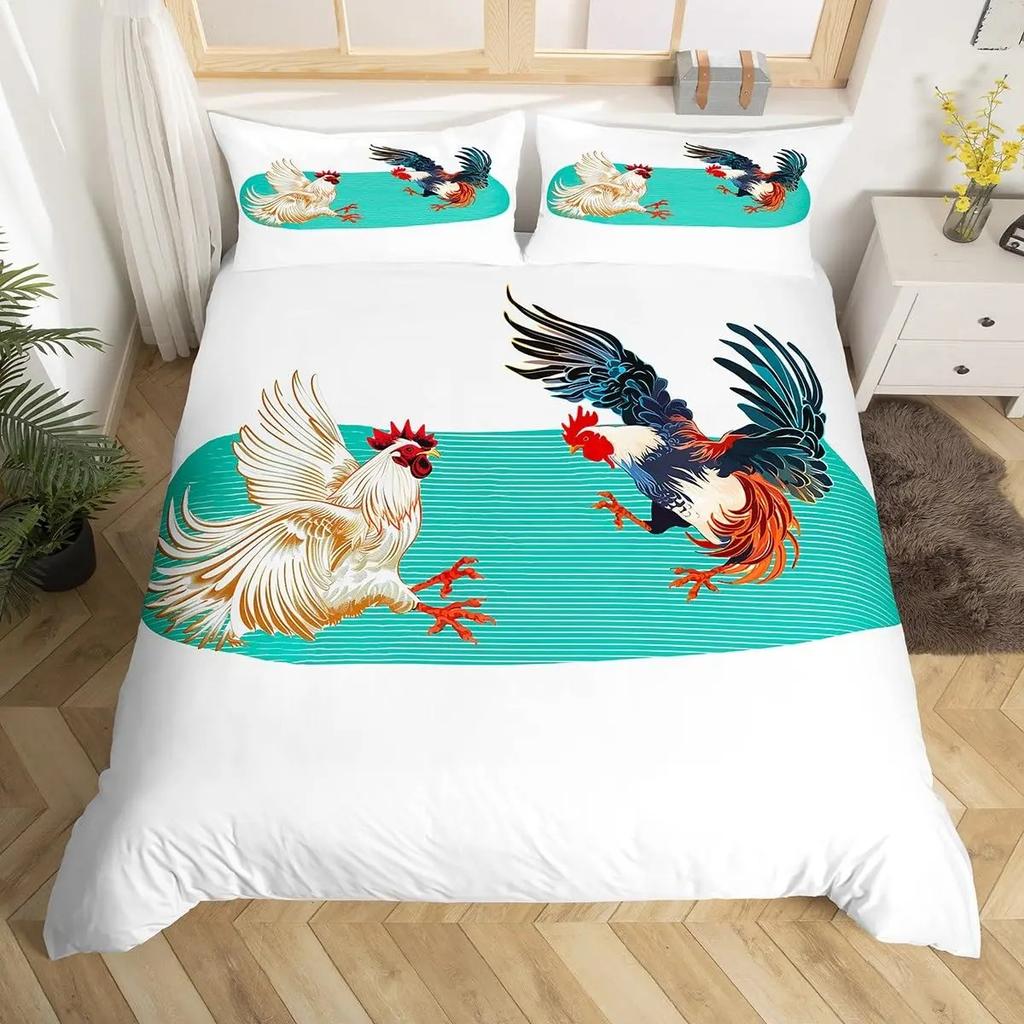 Cute Chicken Duvet Cover King Queen Colorful Rooster Bedding Collection Farm Animal Comforter Cover Funny Rustic Farmhouse Quilt Cover