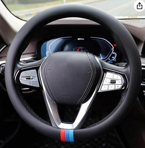Nappa-Leder Auto Lenkradbezug, Universelle Passform 15 Zoll, Atmungsaktiver Rutschfester Schwarzer Griffbezug für Alle Jahreszeiten
