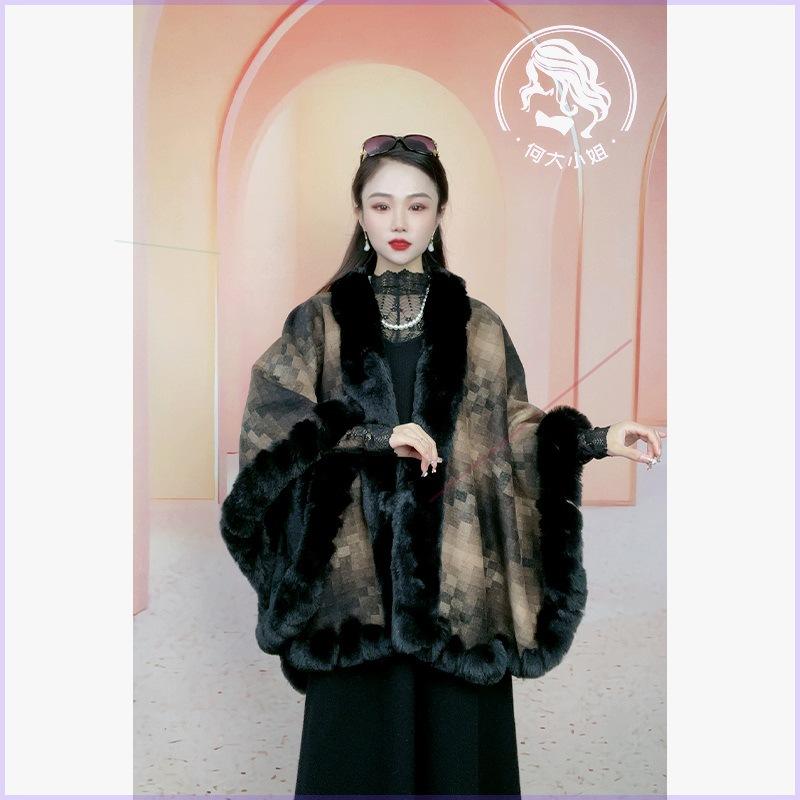 Cloak Shawl Versatile Loose Hair Collar Plaid Cloak Woolen Jacket Female 1181 #