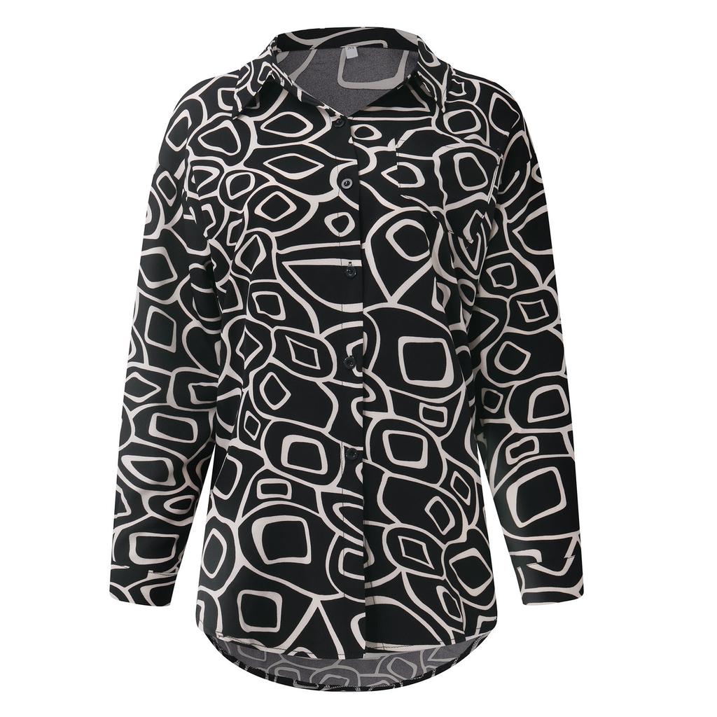 Damen Casual Fashion Print Einreihiges Revers Nähte Langarm Lose Hemd
