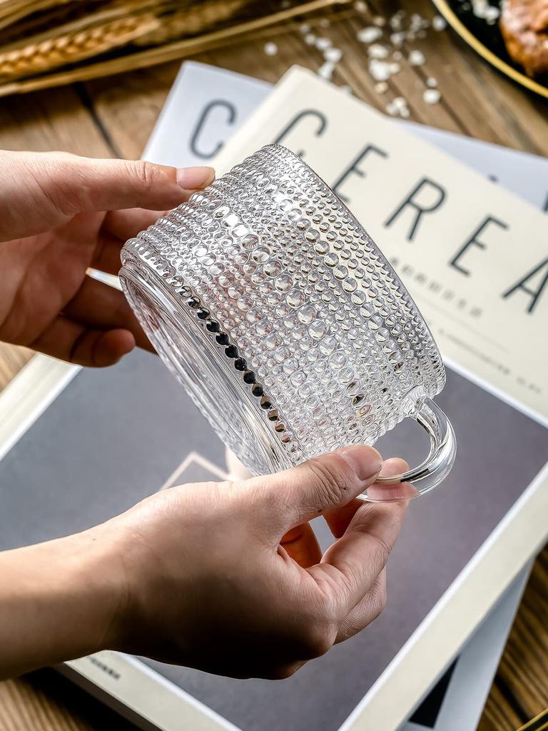 Kaffeetassen aus Glas im Vintage-Stil, 2er-Set – 14 oz klare geprägte Teetassen für Cappuccino, Latte, Müsli, Joghurt, Getränke