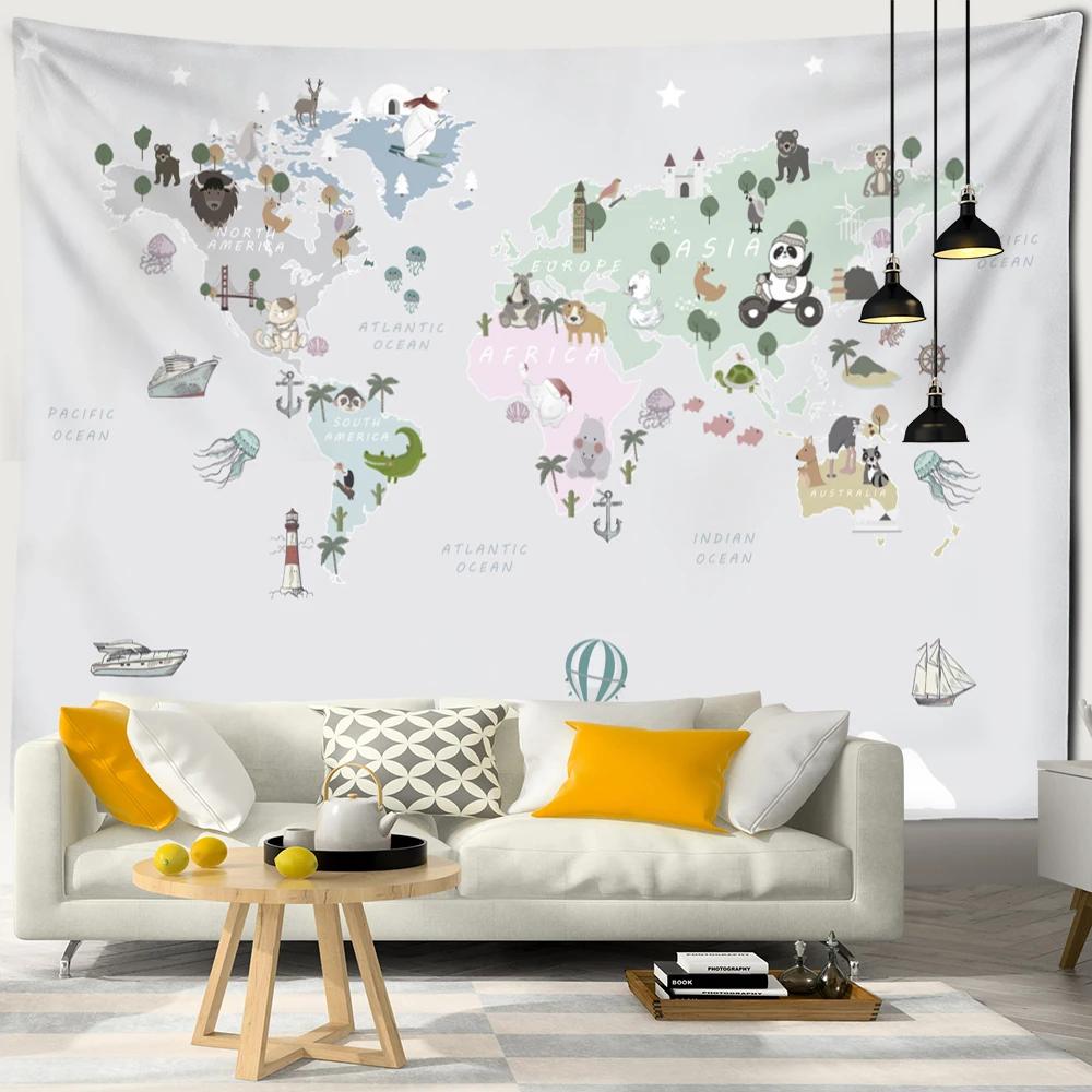 Cartoon Animals Distribution Map Tapestry Wall Hanging Simple Style Cute Hippie Children Kawaii Room Home Decor