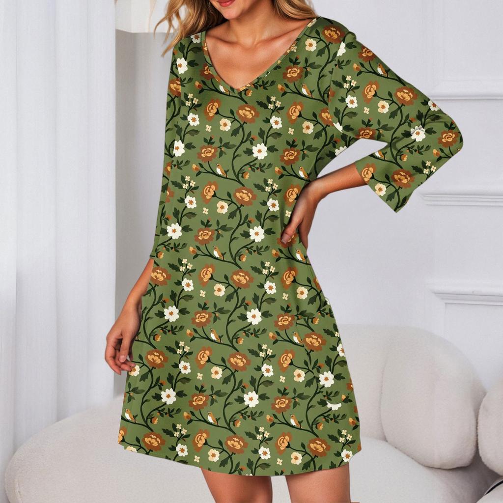 Women's Fashion Casual V-Neck Floral Print Pocket Three-quarter Sleeve Dress