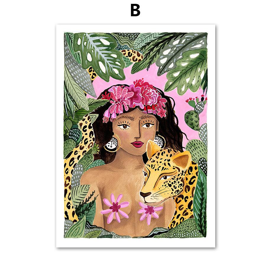 Boho Sun Cactus Banana Tree Women Leopard Wall Art Canvas Painting Nordic Posters And Prints Wall Pictures For Living Room Decor