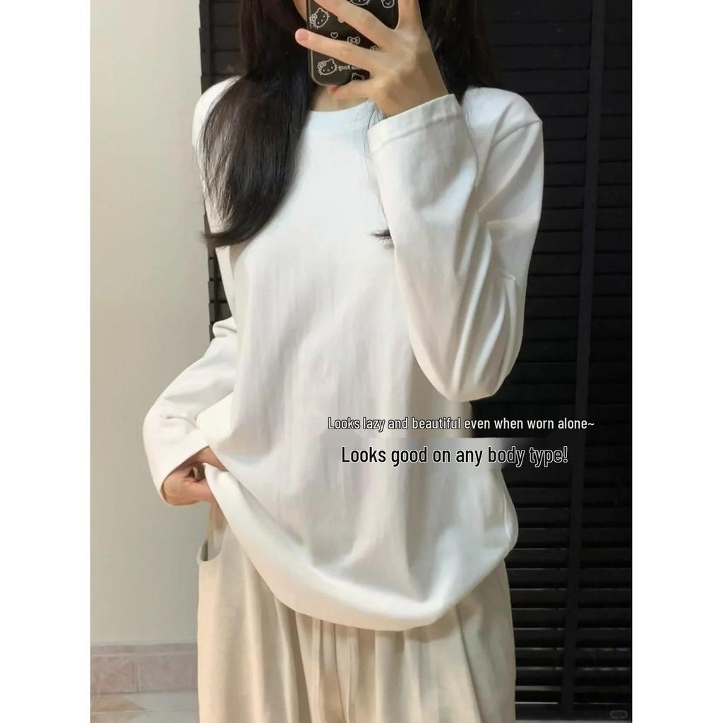 Unisex Solid Color Thickened Round Neck Long Sleeve T-shirt for Autumn/Winter