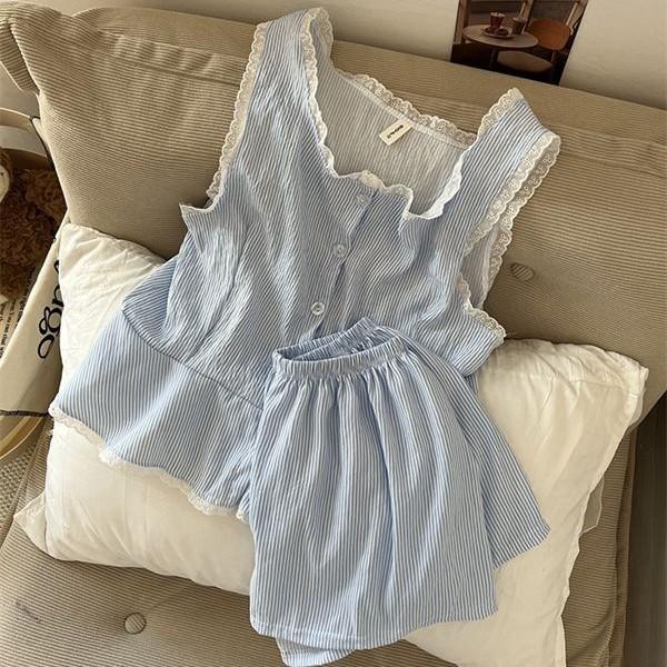 New women s casual blue striped simple style pajamas women can wear suspender shorts in summer two-piece loungewear S