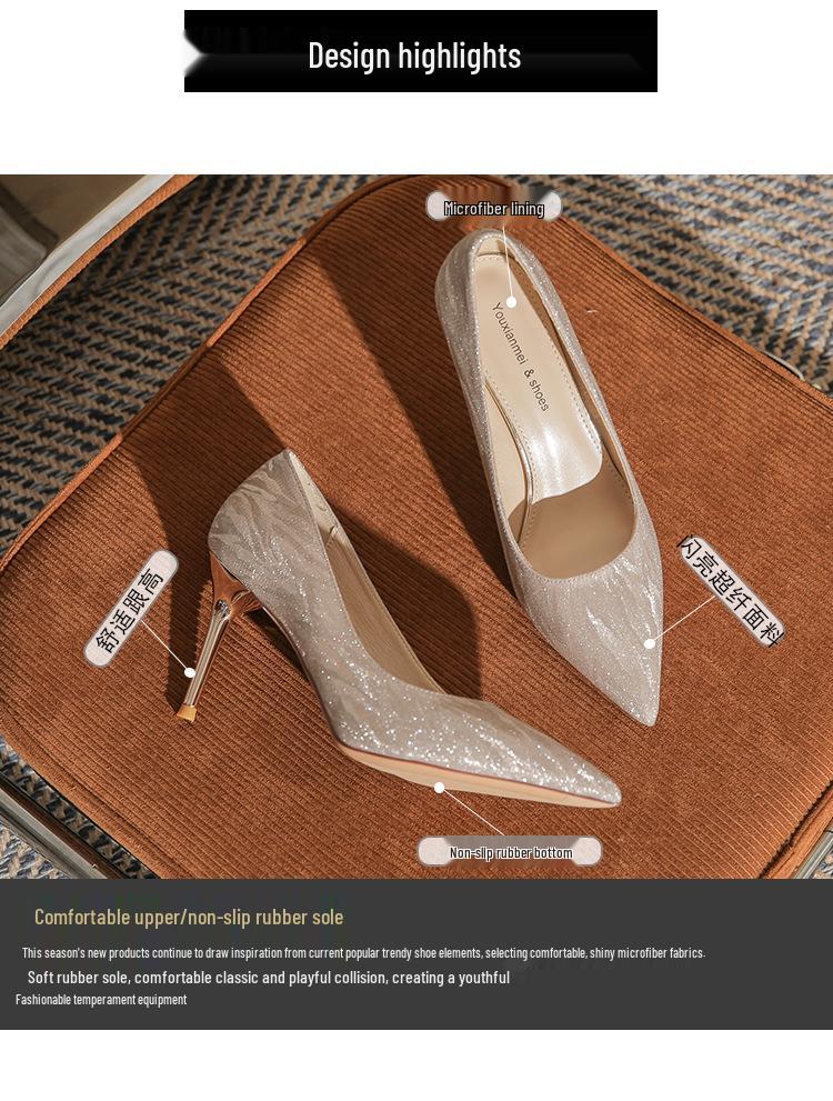 French Sequin High Heels: Xiuhe Wedding Dress Pointed Toe Flats for Women