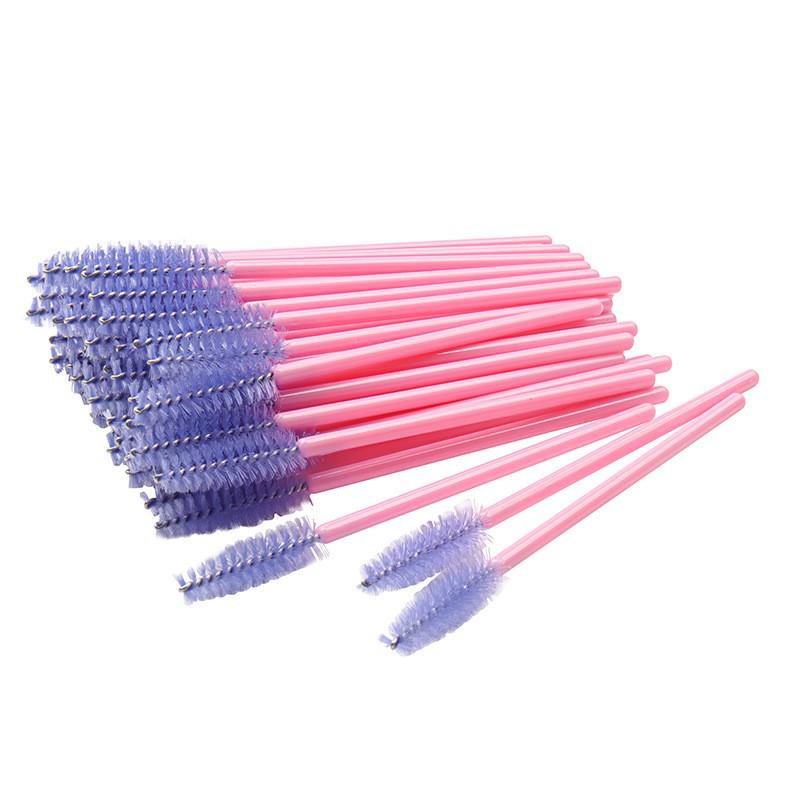 50-Pack Disposable Eyelash Brushes - Portable Pink-Handled Makeup Tool for Eyebrow and Eyelash Application.