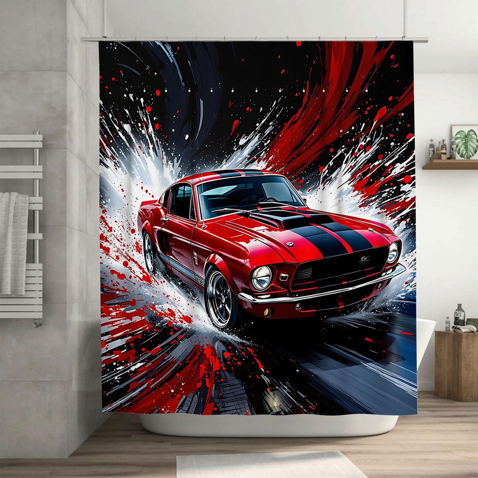 

Speed Passion Red Mustang Shower Curtain for Bathroom - Vintage Car Design with Dynamic Splash Effect Waterproof Durable 90X180cm(35x70in)
