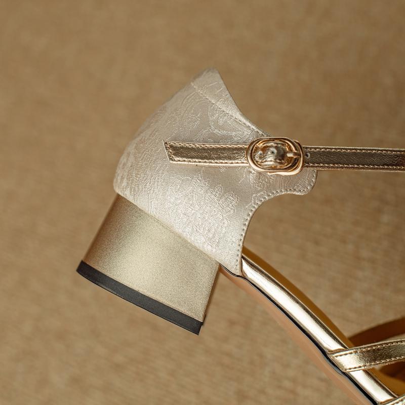 Fashion Women's New Spring/Summer Round Head Genuine Leather Leather Bag with Colored Mid Heel and Large Elastic Headed Muller Sandals