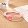 Pink White Cord Jewelry Breast Cancer Awareness Bracelet for Women, Adjustable Woven String with Heart Butterfly Alloy Pendants Ribbon Charm, Handmade