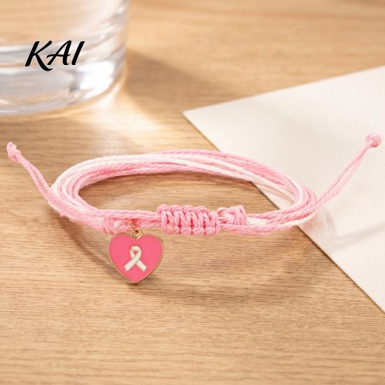 Pink White Cord Jewelry Breast Cancer Awareness Bracelet for Women, Adjustable Woven String with Heart Butterfly Alloy Pendants Ribbon Charm, Handmade